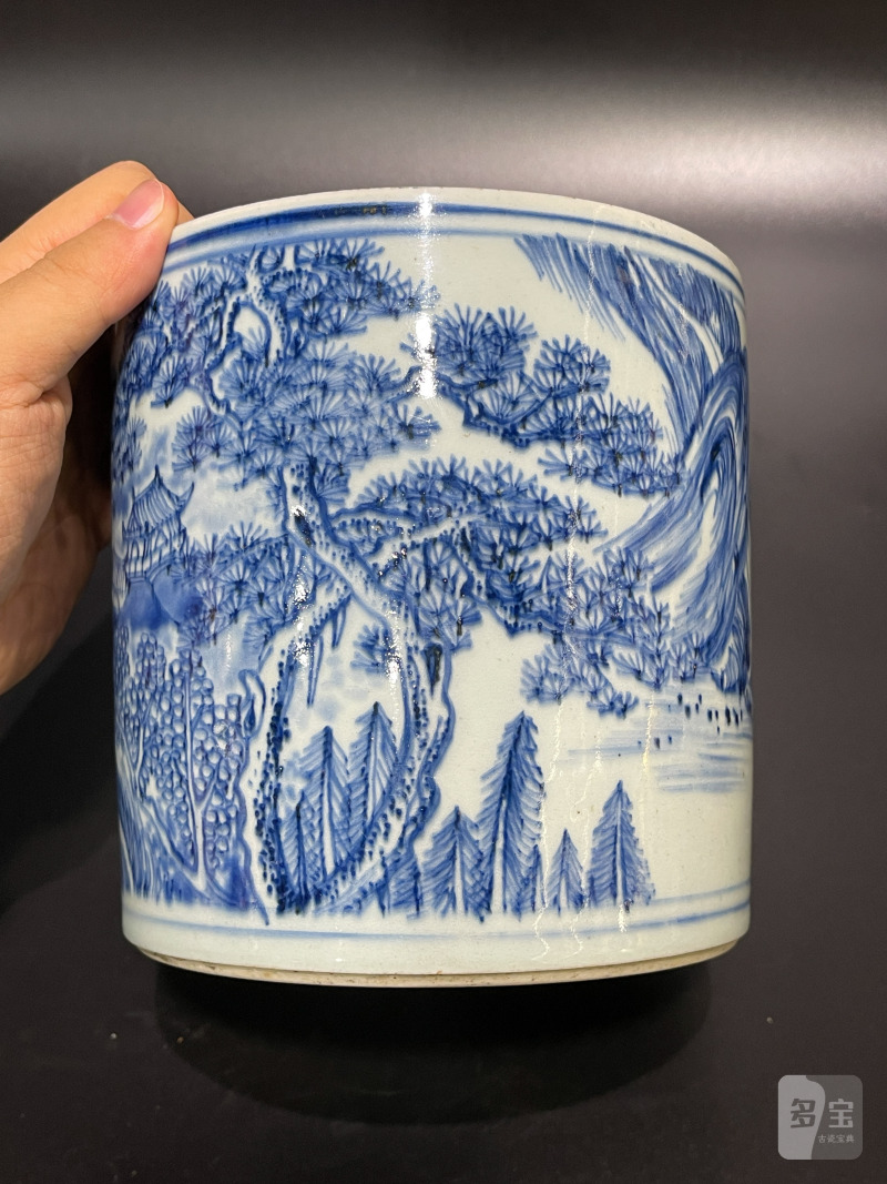清康熙 青花山水松阁图笔筒 - 图7